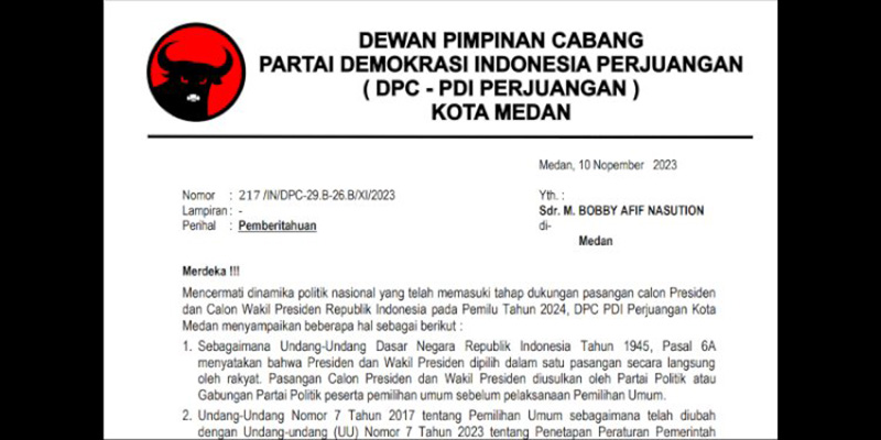 Bantah Isu Pemecatan Bobby Nasution, PDIP Kota Medan: Itu Hanya Pemberitahuan
