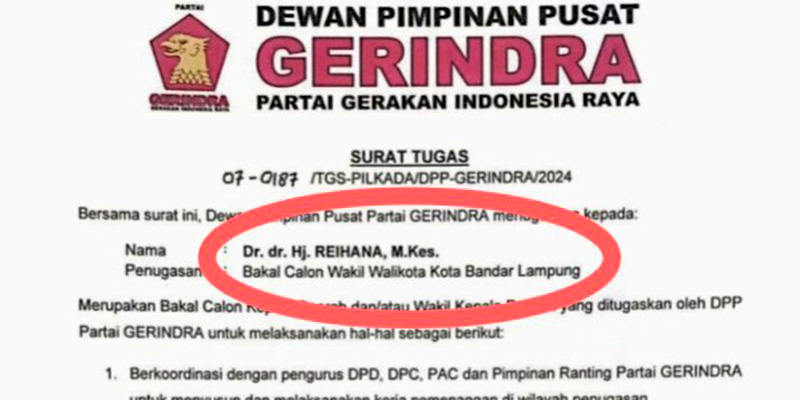 Surat Tugas Reihana sebagai Calon Wakil Walikota, Gerindra Lampung: Salah Ketik