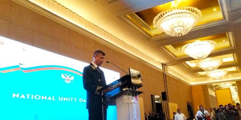 Duta Besar Rusia untuk Indonesia, Sergei Tolchenov saat menyampaikan pidato pembukaan di acara resepsi National Day of Russia yang digelar di Hotel Mulia Senayan, Jakarta pada Senin malam, 4 November 2024/RMOL