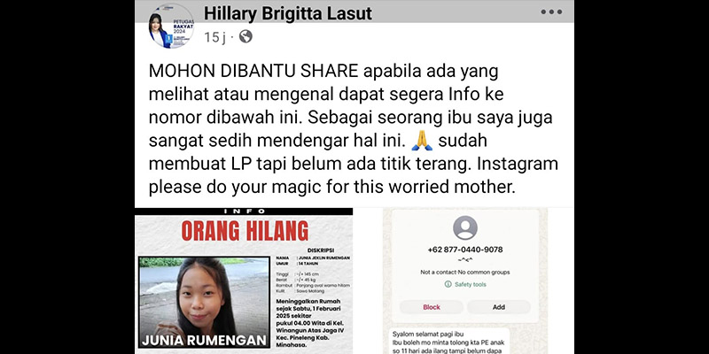 Dibantu Hillary Brigitta Lasut, Remaja yang Sempat Hilang Kembali ke Pelukan Orangtuanya