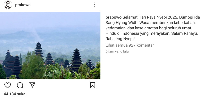 Prabowo Ucapkan Selamat Hari Raya Nyepi, Doakan Keberkahan dan Kedamaian