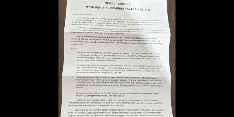 Surat Terbuka Warga, Pertanyakan Keuangan Yayasan RSI NTB Usai Ramai Utang Rp2,7 M ke Kontraktor