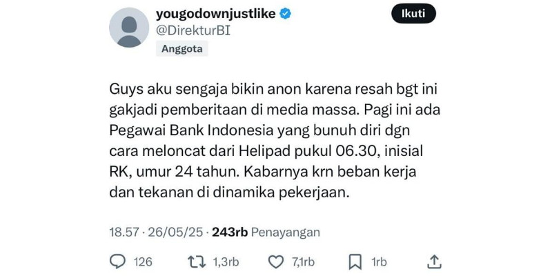 Viral Pegawai BI Diduga Bunuh Diri dan Terekam CCTV, Ini Kata Polisi