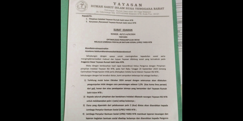 Beredar Surat Edaran Pungutan Infaq 2,5 Persen bagi Karyawan RSI NTB