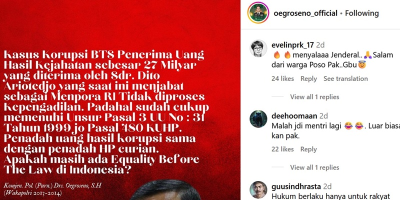 Postingan Oegroseno soal Dito Ariotedjo Terima Uang Korupsi BTS Banjir Dukungan