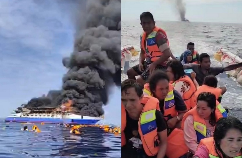 TNI AL Evakuasi Korban Kebakaran KM Barcelona 5 di Perairan Talise