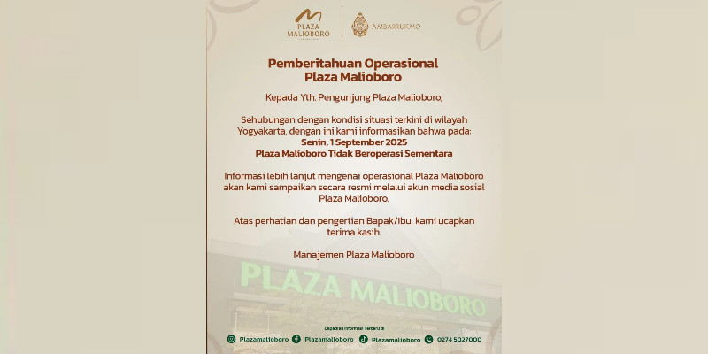 Akan Ada Demo Besar-besaran di Yogyakarta, Mal Malioboro Tutup Hari Ini