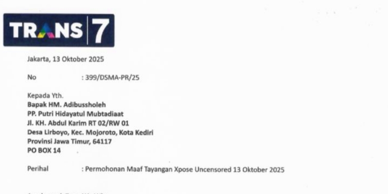 Trans7 Kirim Surat Permohonan Maaf ke Keluarga Ponpes Lirboyo