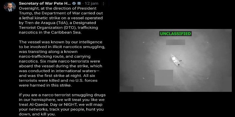 Pentagon Pastikan Serangan AS di Karibia Tewaskan Enam Teroris Narkoba