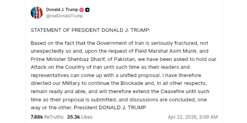 Trump Perpanjang Gencatan Senjata, Blokade Tetap Dilanjutkan