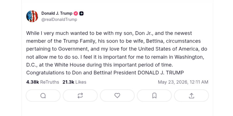 Trump Absen Pesta Pernikahan Anak demi Tugas Negara