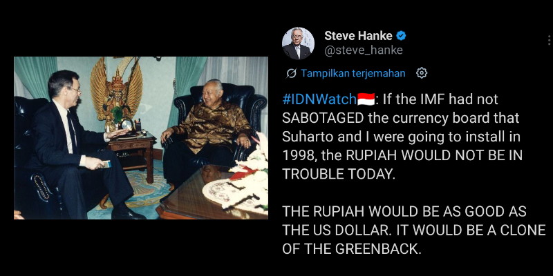 Steve Hanke Ungkit Lagi Keputusan IMF 1998, Klaim Rupiah Bisa Setara Dolar AS