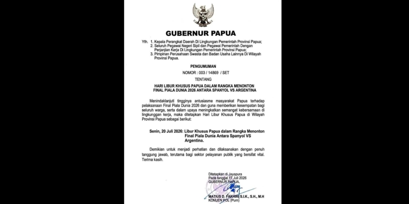 Gubernur Papua Tetapkan Libur Khusus Demi Final Piala Dunia