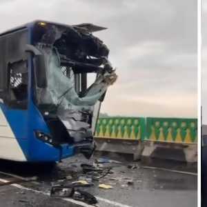 Bus Transjakarta ‘Adu Banteng’ di Jalur Layang Ciledug