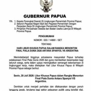 Gubernur Papua Tetapkan Libur Khusus Demi Final Piala Dunia