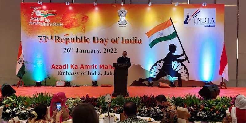 Duta Besar India Manoj Kumar Bharti saat memberikan sambutan dalam Hari Republik India di Hotel Westin, Jakarta, Rabu, 26 Januari 2022./RMOL