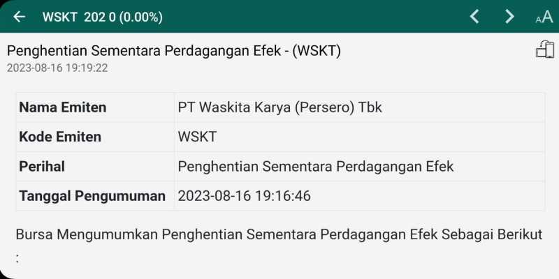 Status penghentian sementara perdagangan saham PT Waskita Karya (Persero) Tbk dengan kode emiten WSKT/Repro